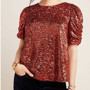 Anthropologie puffed shoulder sequin blouse